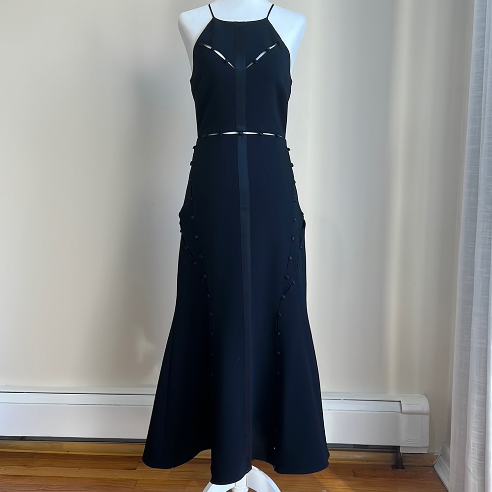 Cinq a Sept Black A-Line Dress. Halterneck. Cutout accent. Hidden back zipper.